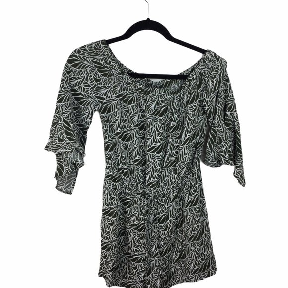 Express Off Shoulder Flowy Sage Green Romper, S - Picture 3 of 6